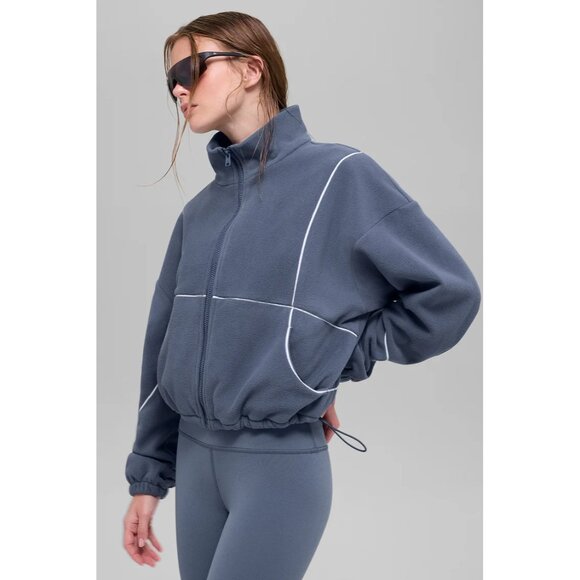 NWT Alo Yoga Polar Fleece Game Time Full Zip Jacket Bluestone/White Size Medium - Picture 2 of 8